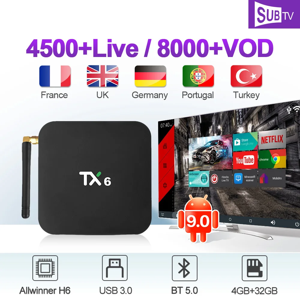 

TX6 Android 9.0 SUBTV IPTV France Subscription Box 4G 32G BT5.0 2.4G/5G Wifi with IPTV French Belgium Netherlands Arabic IP TV