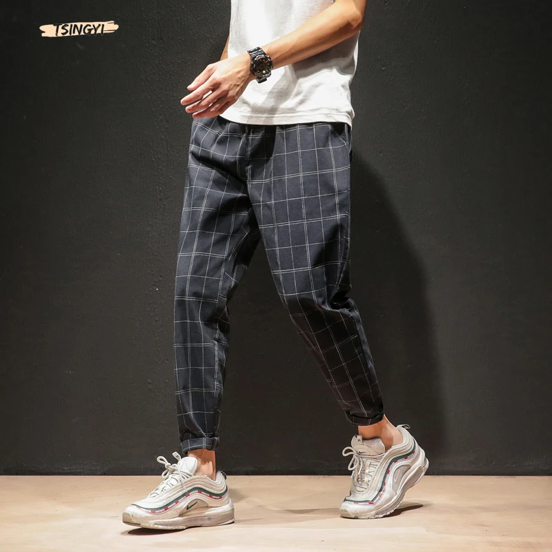 

Tsingyi Autumn Plus size 5XL Blue Grey Plaid Harem Pants Streetwear Hip Hop Ankle-Length Drawstring Pockets Pattern Joggers