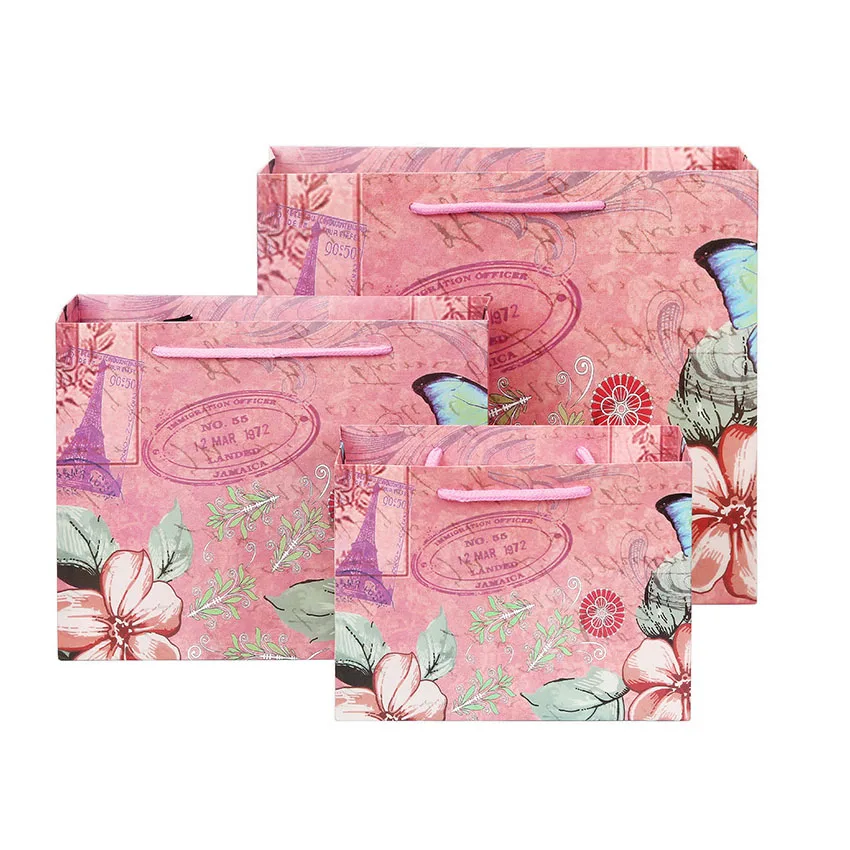 10 шт./лот Европейский Бабочка и цветок глубокий розовый Подарочный пакет бумага файл лямка для сумки фестиваль покупки декоративные пакет