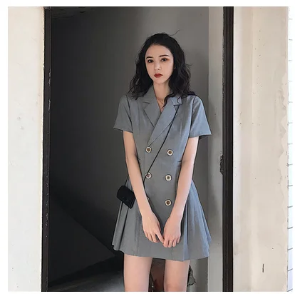 

Plus Size Double Breasted Gray Blazer Dress Women 2019 Summer Korean Mini Pleated Dresses Woman Office Elegant 5XL Clothes