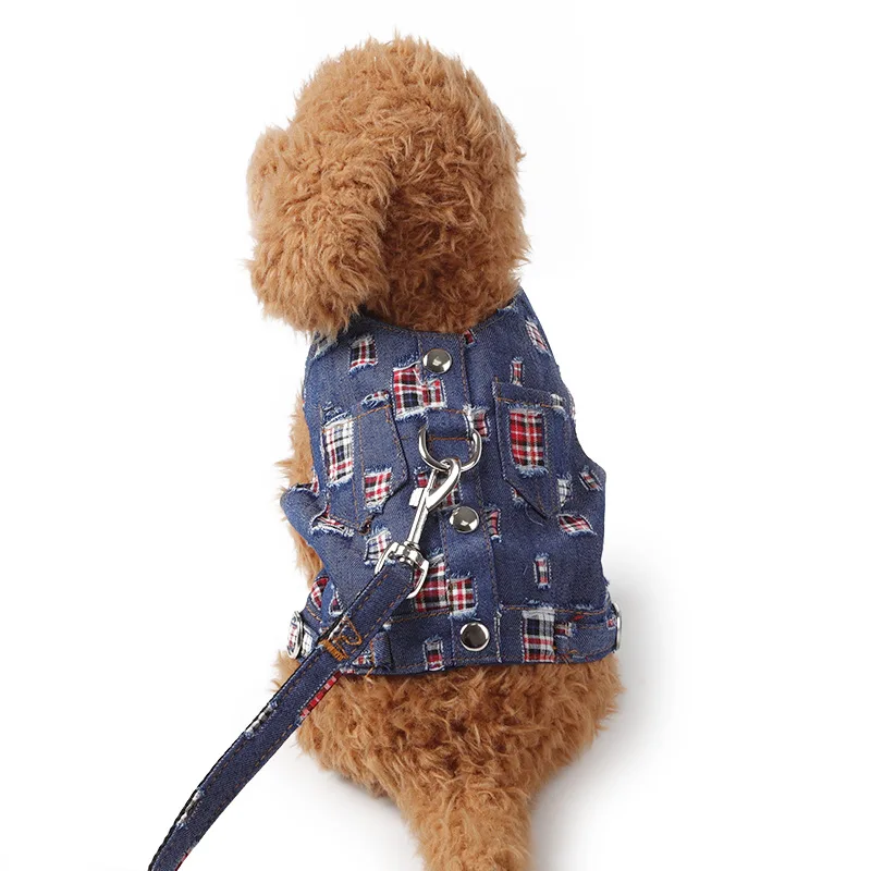 Джинсовая куртка для собак, жилетка, модный дизайн, поводок для питомцев, щенков, кошек, маленьких собак, поводок для прогулок, набор, легко надевается и снимается