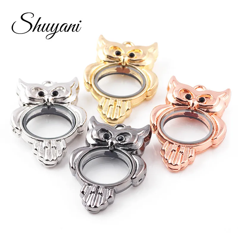 

10pcs/lot Free Shipping Free Chain Owl Floating Locket Pendant Necklace Alloy Magnetic Glass Living Memory Floating Charm Locket