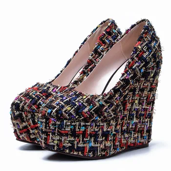

ACILICI1905063 New Sweet Summer Personality Color Woven Round Toe Wedge Heel High Heel Shoes Women Pumps