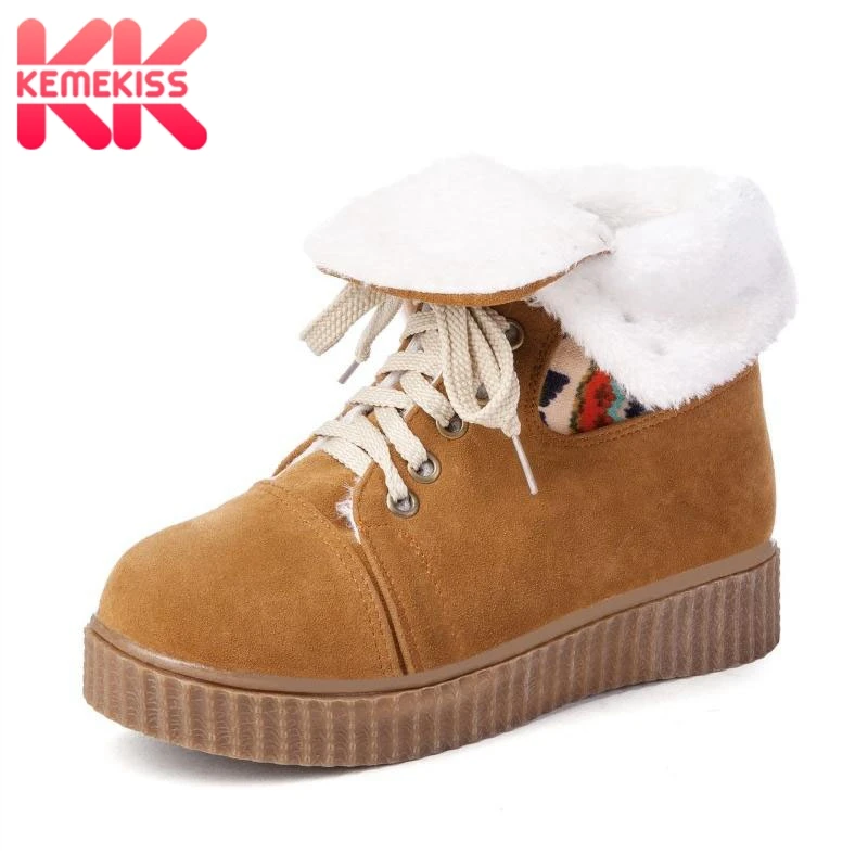 

KemeKiss Women Wedges Boots Lace Up Thick Fur Platform Shoes Women Winter Mid Calf Boots Patchwork Inside Heel Shoes Size 34-43