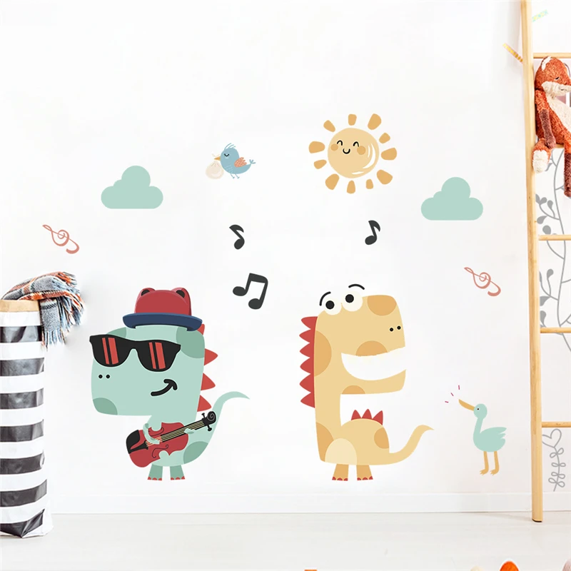 Funny Music Guitar Dinosaur Cloud Wall Decals Kids Rooms Home Decor Cartoon Animal Stickers Pvc Mural Art Diy Posters | Дом и сад
