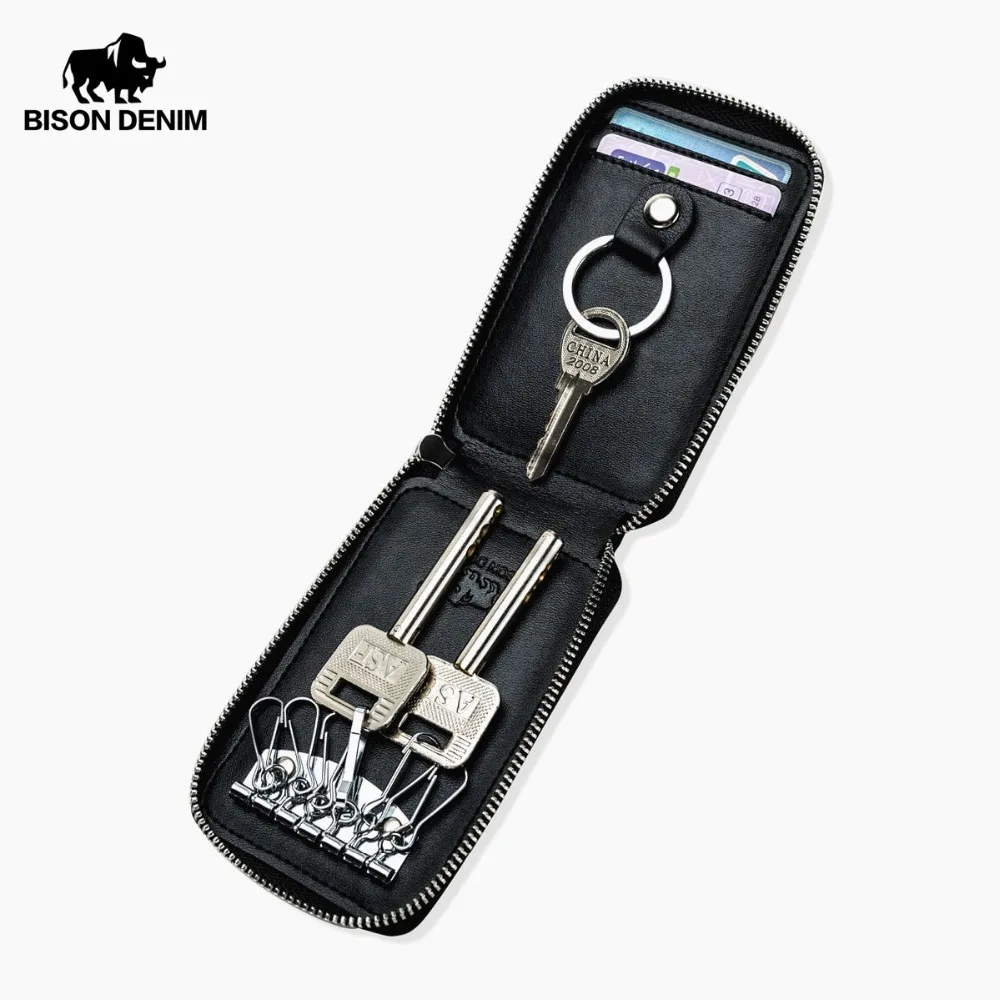 

BISON DENIM Leather Key Wallet Men Genuine Leather Car Keys Bag Multi Function Key Housekeeper Holders Cowskin Wallets N9428