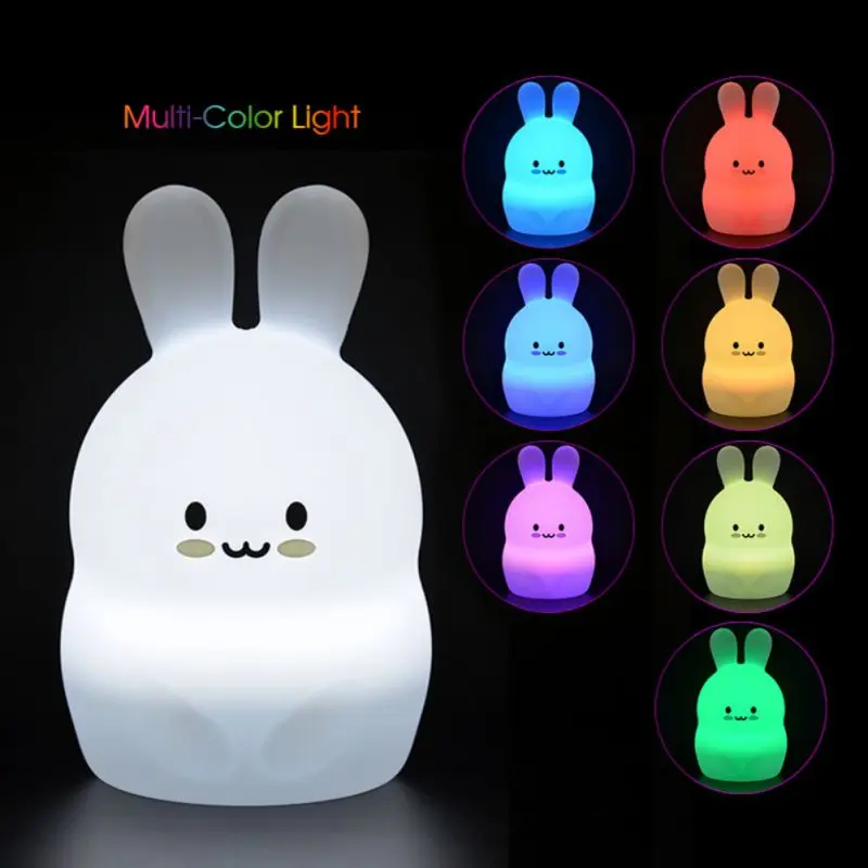 

Cute LED USB Charging Discolor Silicone Pat Light Built-in Battery Cartoon Rabbit Shape Soft Light Decorative Lamp