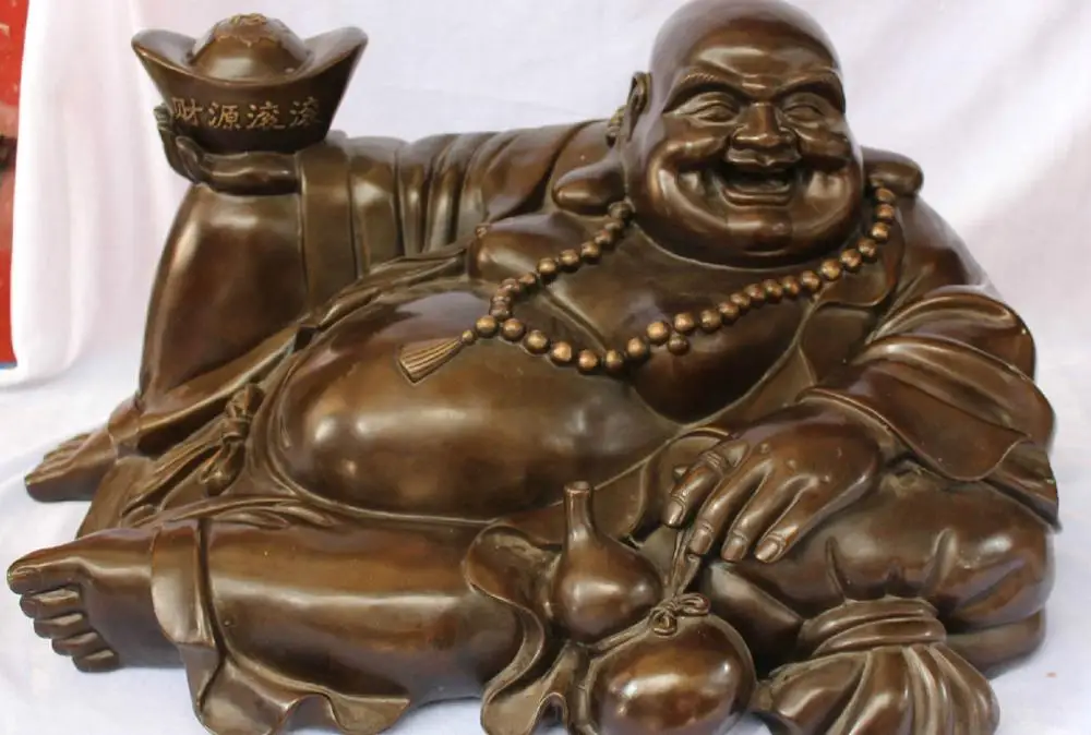 

26" Huge Chinese Bronze Happy Laugh Maitreya Buddha Hold YuanBao calabash States
