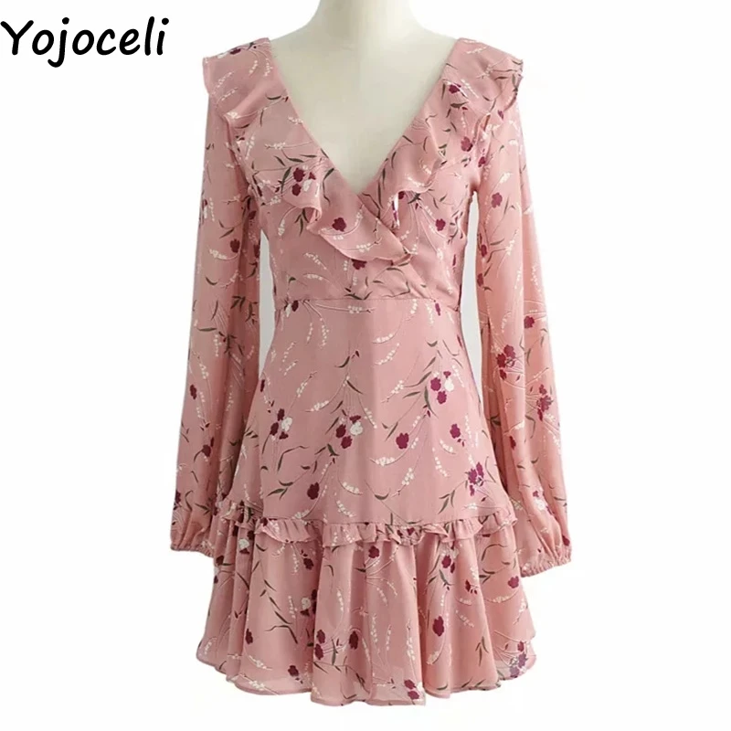 Yojoceli сексуальное короткое платье с рюшами и принтом женское осеннее шифоновое мини пляжное платье с цветочным рисунком Повседневные Вечерние платья для женщин vestidos - Цвет: Розовый