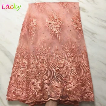 

Beaded nigerian lace fabric 2019 high quality lace light peach french mesh lace with embroidered flower tulle lace 5yards