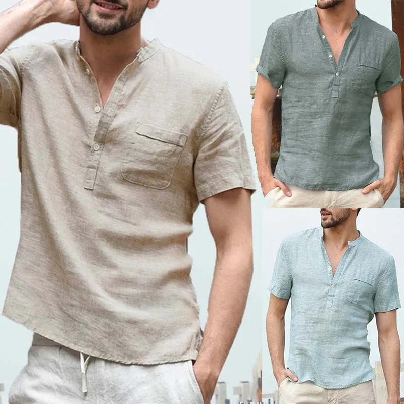 

Men Linen Plus Size Short Sleeve Stand Neck Shirts Casual Loose Solid Buttoned half-open Tops Pullover Male Summer Shirt Tunic