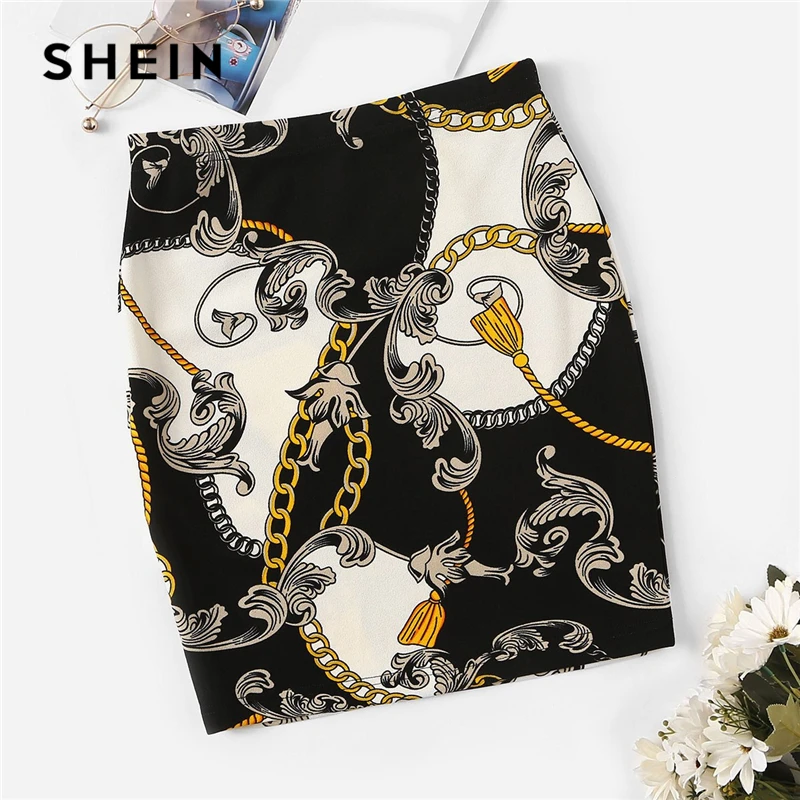 

SHEIN Retro Multicolor Chain Print High Waist Pencil Mini Skirt Women 2019 Spring Summer Workwear Bodycon Sexy Vintage Skirts