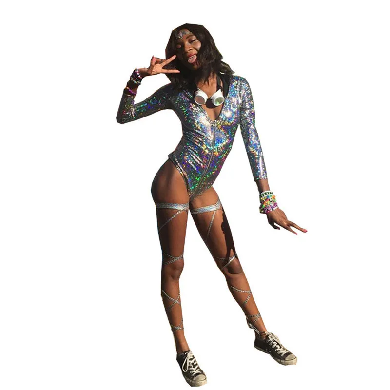 

Sexy glitter Colorful Laser neon bodysuit women rompers womens jumpsuit overalls body femme mujer summer top long sleeve suit