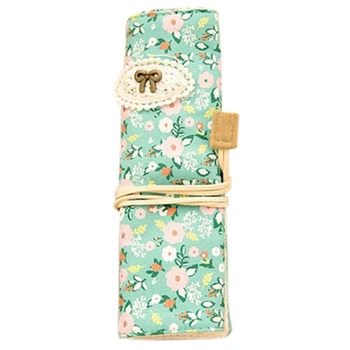 

Student Stationery Canvas Roll Up Pencil Case Pen Brush Wrap Makeup Cosmetic Bag Pattern:13. Green Flower Pouch