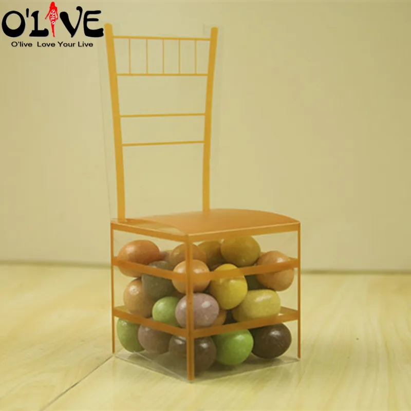 100 шт ПВХ прозрачная коробочка для сладостей золотистый стул форма подарочная коробка вечерние сувениры Упаковка Свадебная бонбоньерка шоколад детский душ