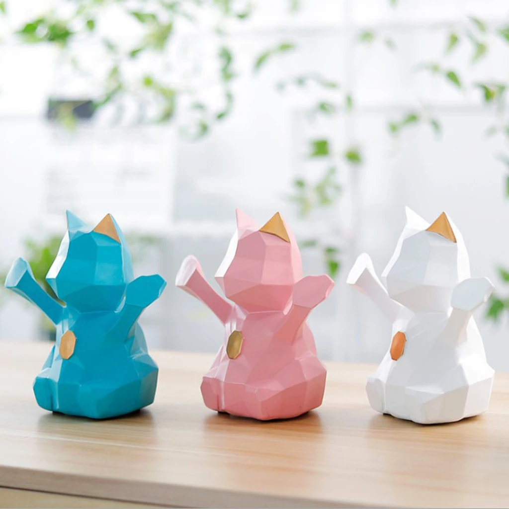 3D Abstract Art Geometric Fortune Lucky Cat Sculpture Resin Animal Statue Figurines Feng Shui Decor