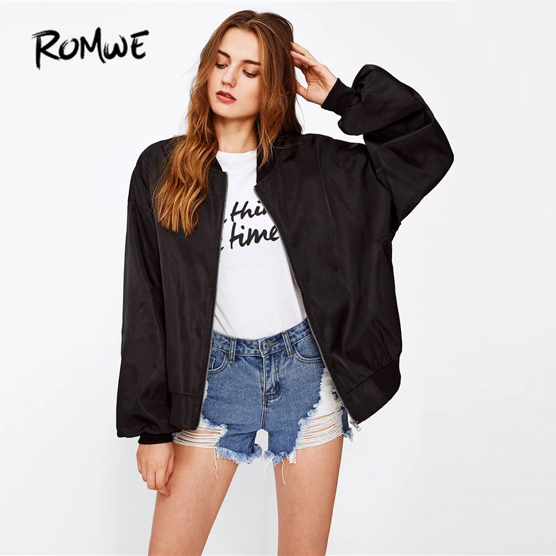 ROMWE Patch Back Ribbon Detail Oversized Bomber Jacket Women Stand Collar Zipper Letter Jackets 2018 Loose Spring Women Coat ROMWE Patch Back Ribbon Detail Oversized Bomber Jacket Women Stand Collar Zipper Letter Jackets 2018 Loose Spring Women Coat