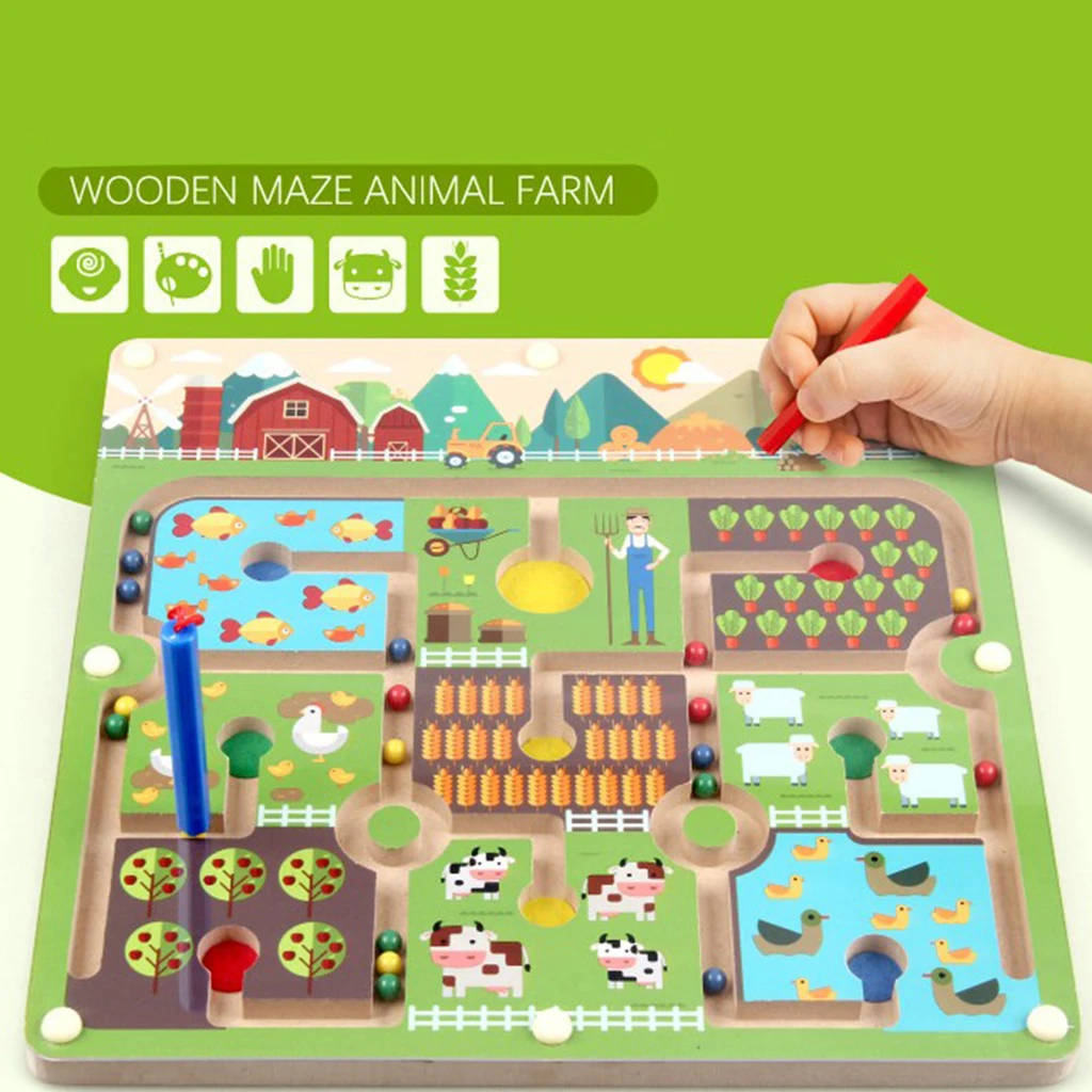 Wooden Magnetic Balls Pen Labyrinth Farm Animal Maze Kids Education Learning Imagination Developmental Toys for Kids Children