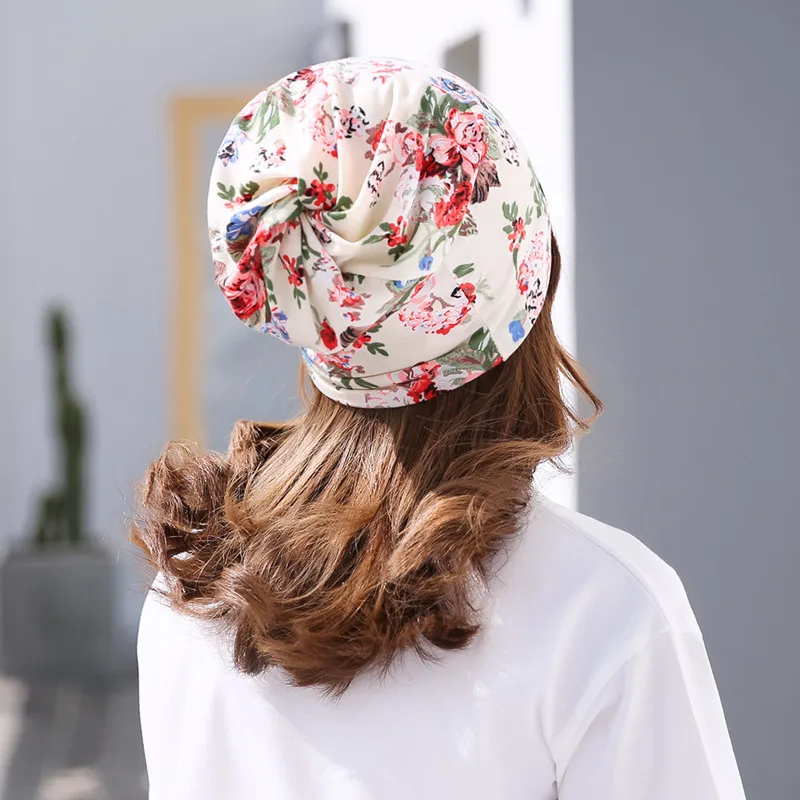 100% хлопок дамы цветок Облегающее с принтом шляпа многофункциональные головные