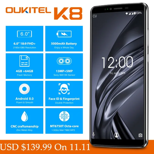 Cheap 6.0" FHD+ OUKITEL K8 Android 8.0 Mobile Phones 4GB 64GB 13.0MP+5.0MP MTK6750T Octa Core Fingerprint Face ID Dual SIM Smartphones Cheap 6.0" FHD+ OUKITEL K8 Android 8.0 Mobile Phones 4GB 64GB 13.0MP+5.0MP MTK6750T Octa Core Fingerprint Face ID Dual SIM Smartphones