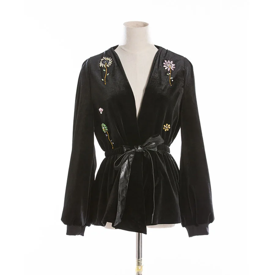 low cost Velvet Jacket 2017 Autumn Fashion Sexy Belt Cultivate V-Neck Exquisite Beading Women New Black Gree