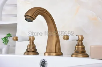 

Bathroom Antique Brass 3 Holes Basin Sink Mixer Tap Widespread Dual Handle Deck Mounted Faucet Lan070