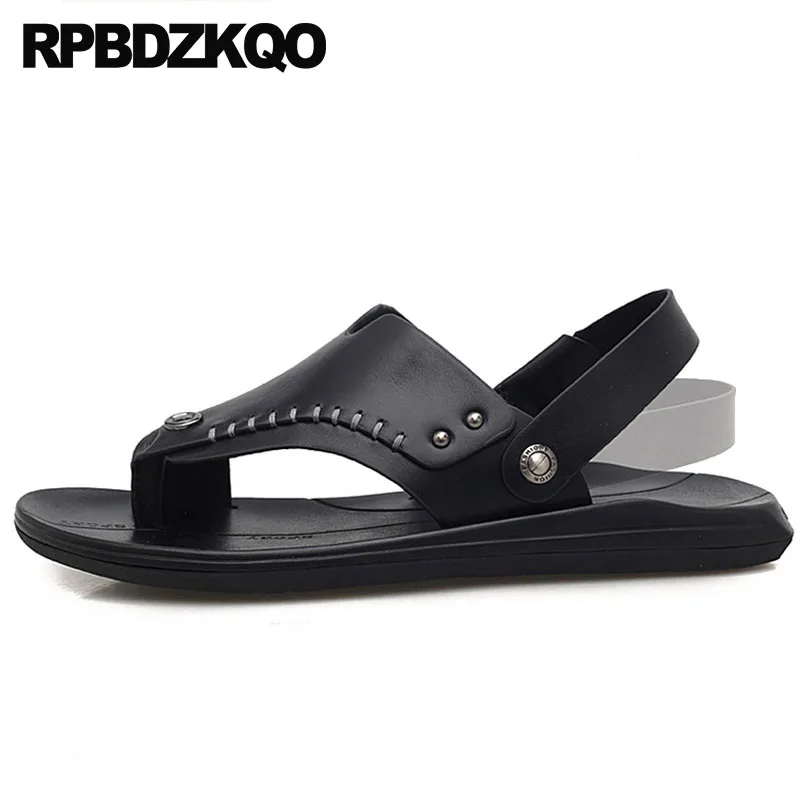 

toe loop waterproof nice beach slippers men sandals leather summer italian native shoes slip on black flat slides outdoor metal