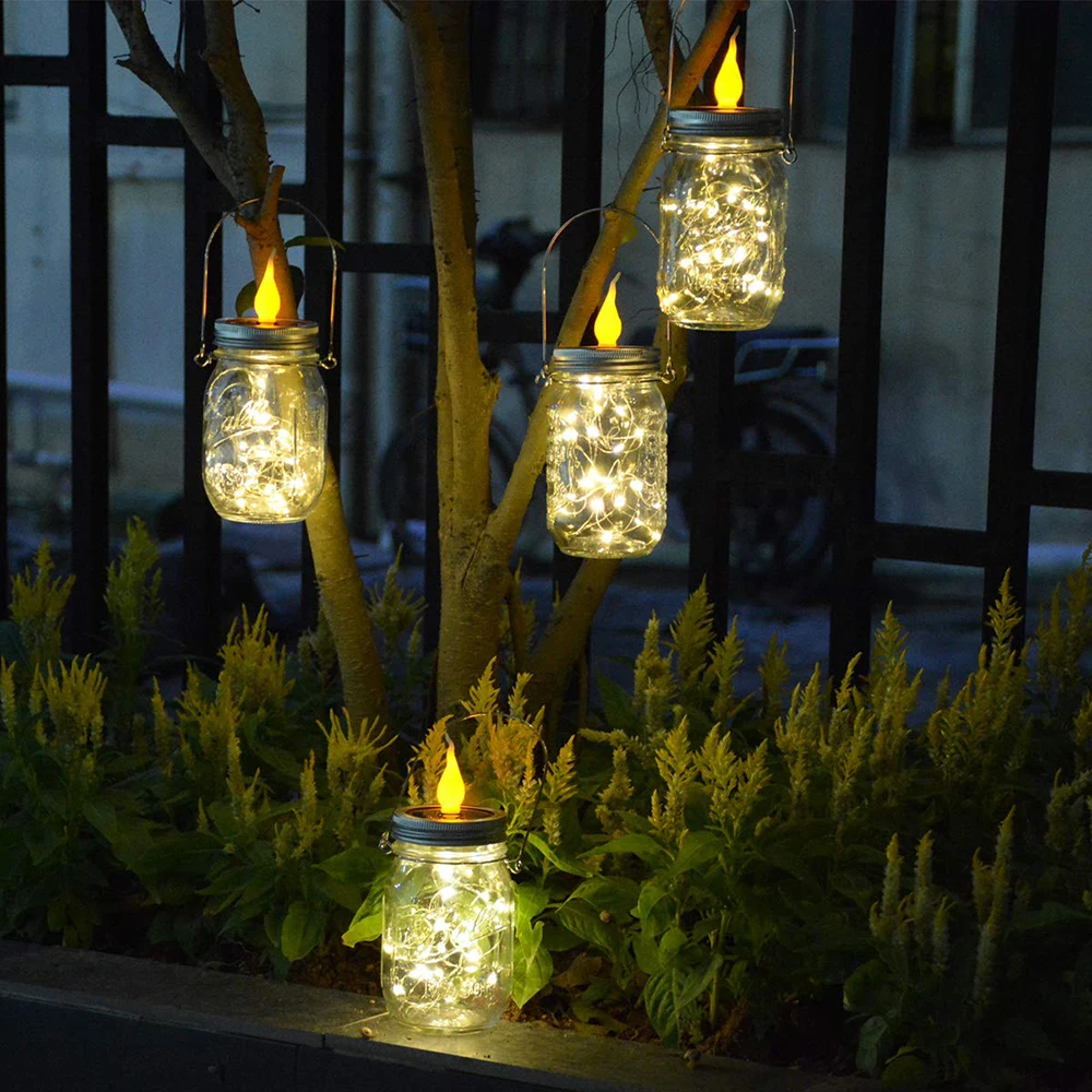 

2Pcs/lot 10/20 LED Solar Mason Jar Lights Candle Lights with Hanger Christmas LED String Light for Garden Yard Patio Table Porch