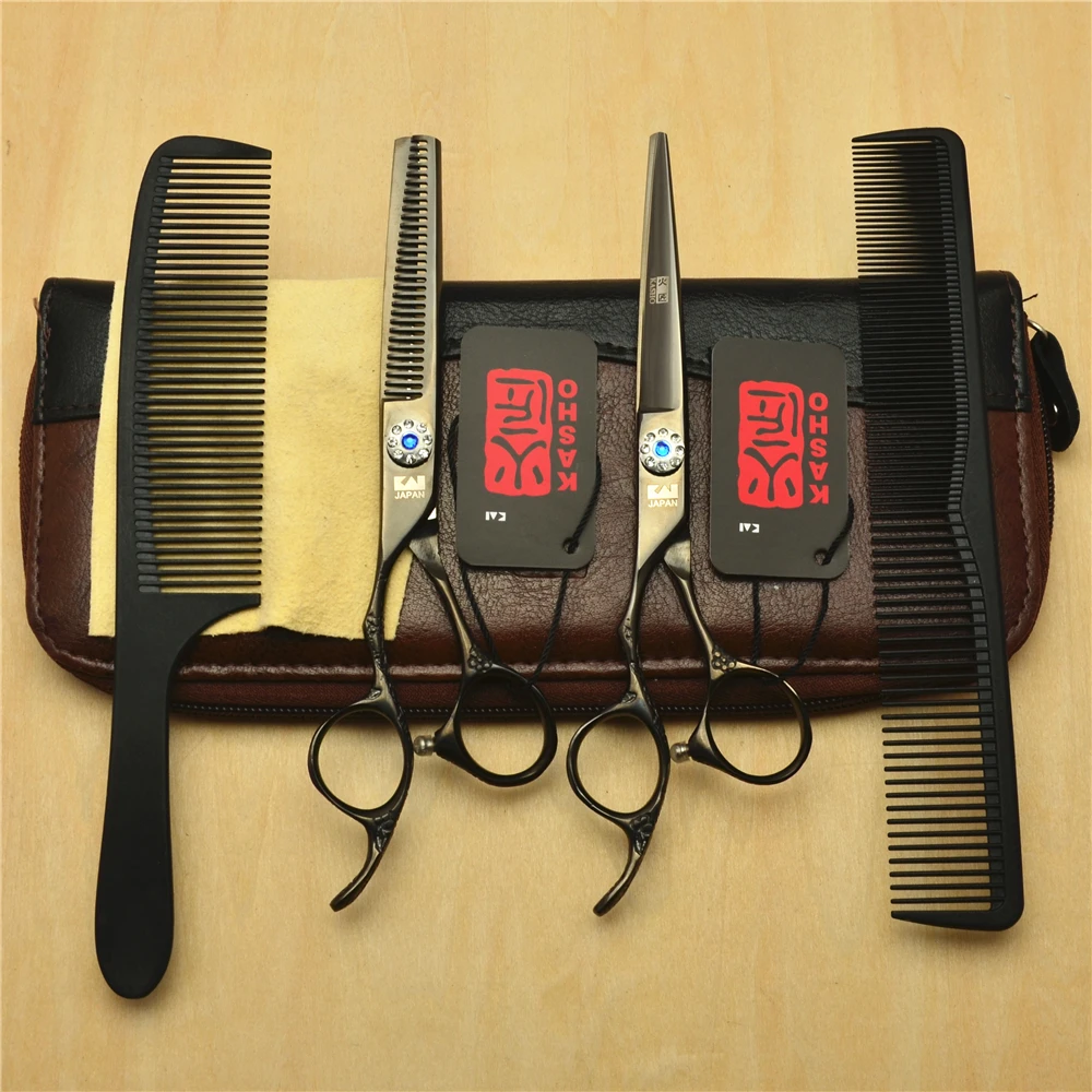 

4Pcs Set Left Hand 6.0'' Black Professional Hair Scissors Hairdressing Scissors Cutting Shears + Thinning Scissors + Comb H8002