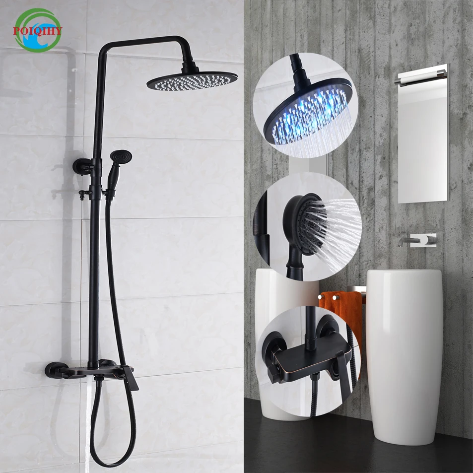 

Thermostatic Oil Rubbed Bronze Wall Mounted Two Styles 8" Rain Shower with LED Faucet Set Bathroom Shower Mixer Tap