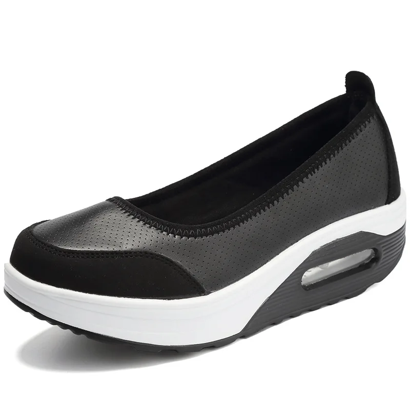 Сезон весна-лето; женские туфли из искусственной кожи с подушками; туфли для похудения на толстой подошве 5,5 см; дышащие кроссовки без застежки - Цвет: Черный