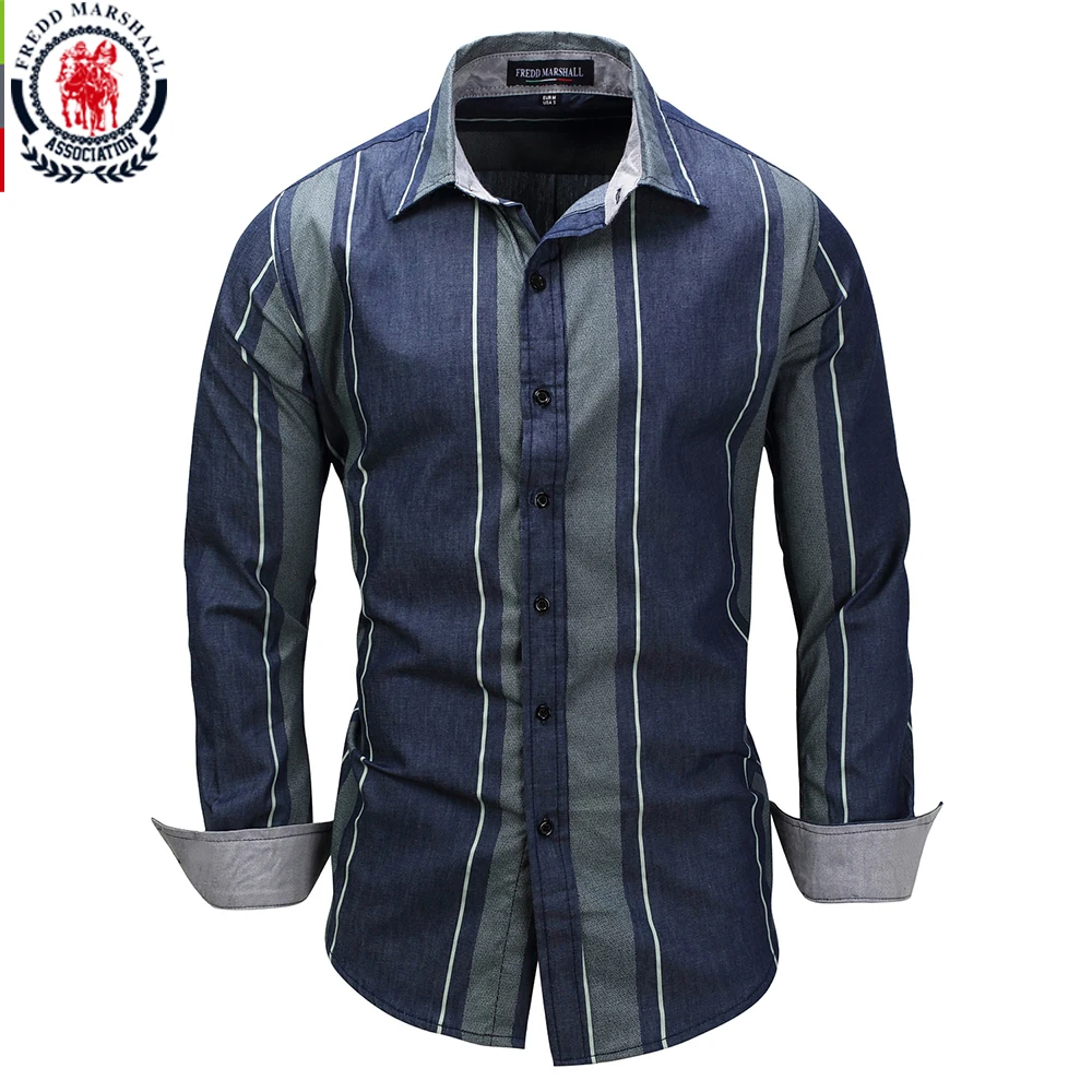 Fredd Marshall 2017 New Striped Patchwork Shirts Long Sleeve Casual Dress Shirt Male Cotton
