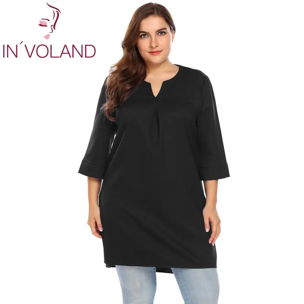 IN'VOLAND, большой размер, XL-5XL, женские футболки, топы, Осенние, повседневные, с вырезом, с 3/4 рукавом, одноцветные, свободные, Большой пуловер, футболка размера плюс - Цвет: Black