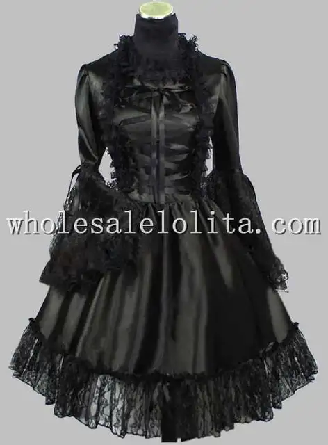 Gothic Black Lace Up Silk Like Victorian Inspired Dress Knee Length Gothic Black Lace Up Silk Like Victorian Inspired Dress Knee Length