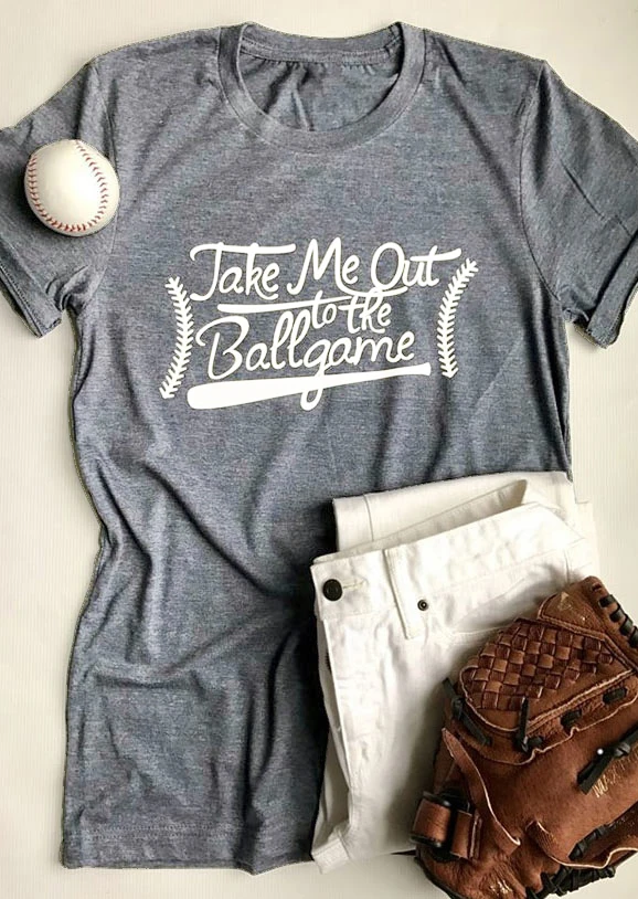 Высококачественная хлопковая серая футболка с надписью Take Me Out to The Ballgame