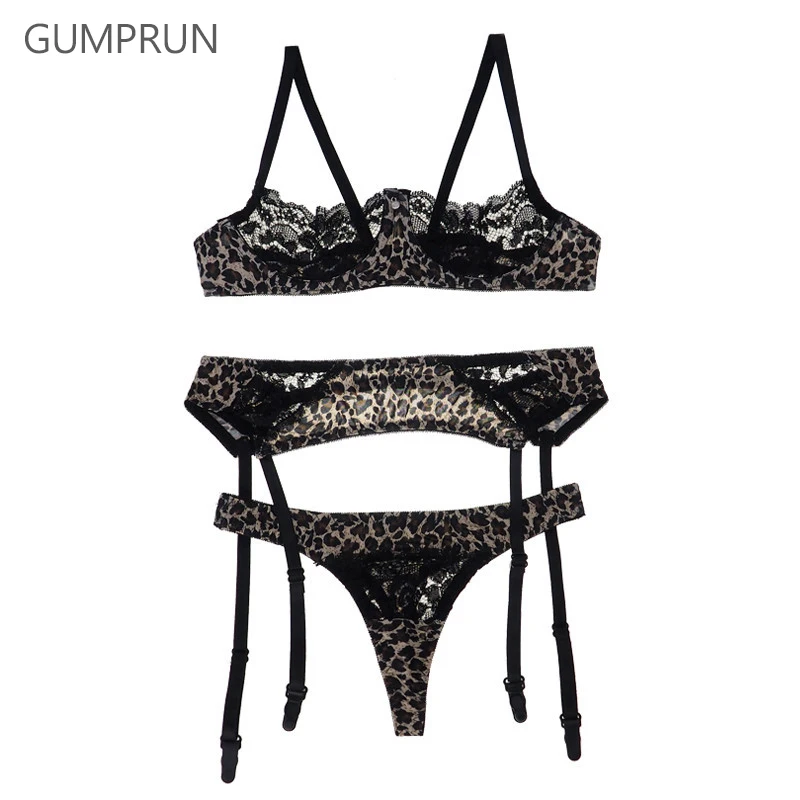 GUMPRUN Transparent Lace Bra Set Underwire Sexy Bra And Panty Set Leopard Ultra thin Sexy