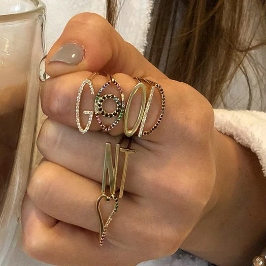

2pcs set rainbow cz Turkish Evil Eye Micro Paved AAA tiny cute ring for women girl lucky hamsa Combination finger ring jewelry