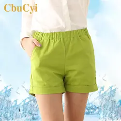 CbuCyi Лето Для женщин шорты плюс Размеры свободные Повседневное одноцветное натуральный хлопок шорты эластичный пояс разноцветный прямые