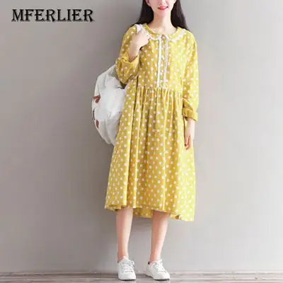 Autumn-Dress-Dot-Print-Long-Sleeve-Peter-Pan-Collar-Mori-Girl-Dresses-Cotton-linen-vintage-dress