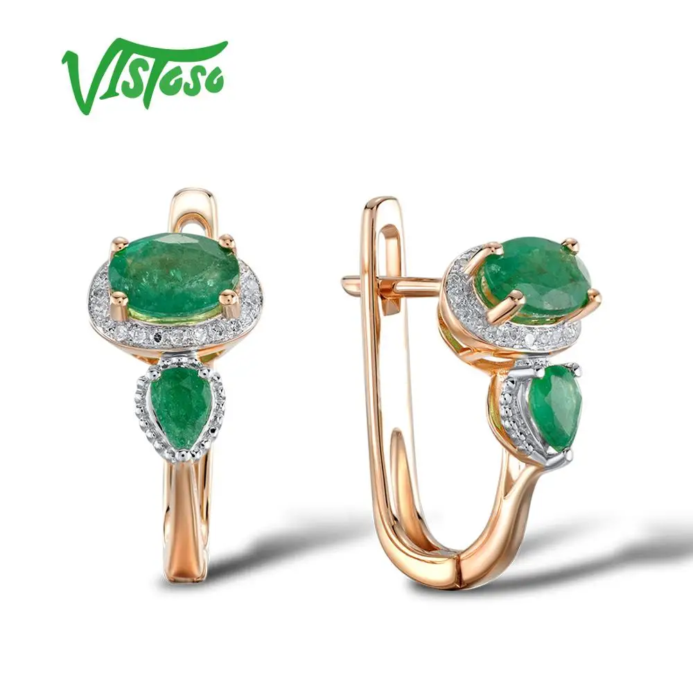 

VISTOSO Gold Earrings For Women 14K 585 Rose Gold Glamorous Elegant Shiny Emerald Sparkling Diamond Luxury Trendy Fine Jewelry