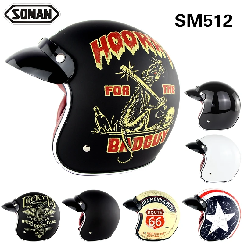 

Newest Open Face Motorcycle Retro helmet Vintage Scooter Helm Chopper Capacetes Casco Moto Soman SM512