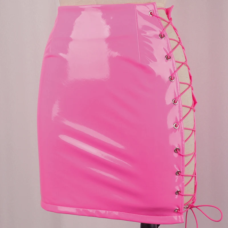OMSJ юбка из искусственной кожи для женщин со шнуровкой ярко неоновый розовый зеленый оранжевый Высокая талия прямая Сексуальная Мини юбка женская уличная