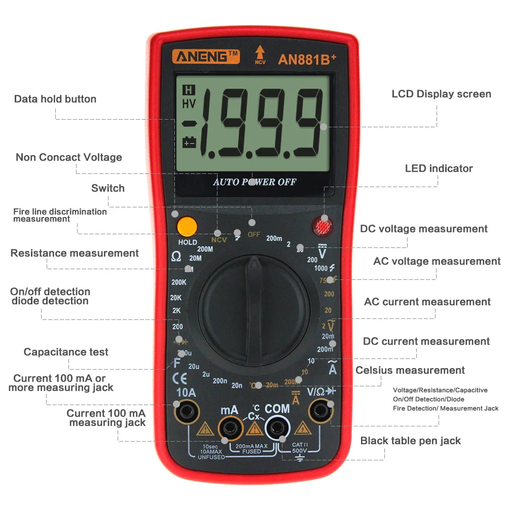 ANENG AN881B+ цифровой мультиметр поддерживает NCV Авто AC DC метр тест er темпратура тест er инструменты тест напряжения+ 16 в 1 тест