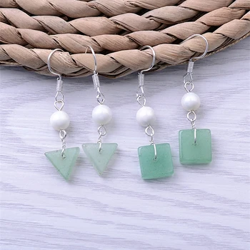 

design of Natural Green Aventurine sweet white pearl crystal all-match classical geometric pattern of female Earrings