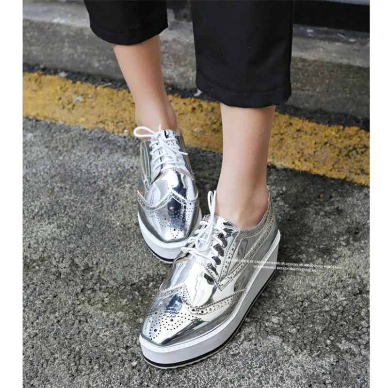 Plus Size 32-48 Women Pumps Oxfords Fashion Patent Leather Wedges Women Shoes Black Silver Lace Up Ladies Brogue Shoes High Heel (10)