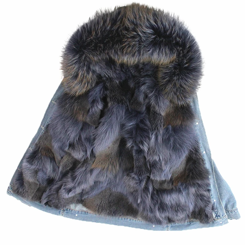 Женская одежда, Корейская джинсовая парка, зимняя куртка, пальто с натуральным мехом енота, воротник из настоящего толстого теплого лисьего меха, верхняя одежда - Цвет: blue wolf fur