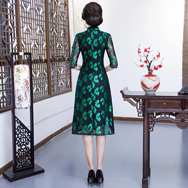 Стильное женское кружевное платье Cheongsam в китайском стиле, воротник-стойка, длина до колена, женское платье, Qipao, тонкие вечерние платья, Vestido