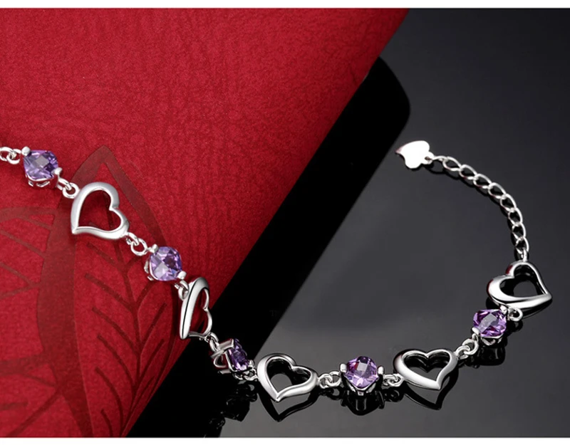 Романтические браслеты с сердечками для женщин, 925 пробы, серебряные ювелирные изделия, натуральный Фиолетовый аметист, свадебные, Обручальные, вечерние, подарок