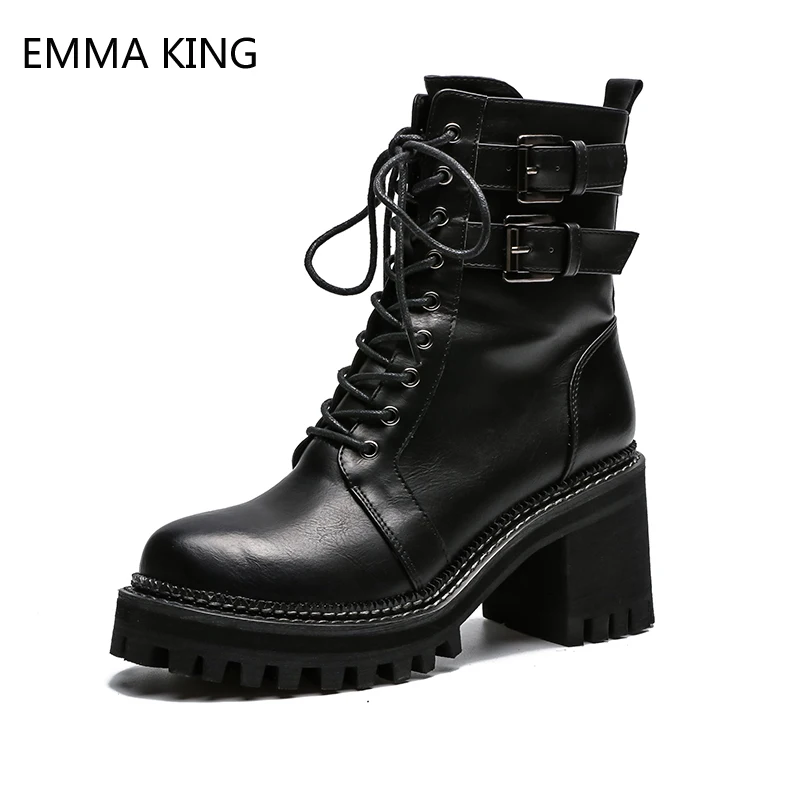 

Women Ankle Martin Boots Black Lace-Up Female Casual Shoes Woman Fashion Platform Round Toe Buckle Straps Solid Comfortable