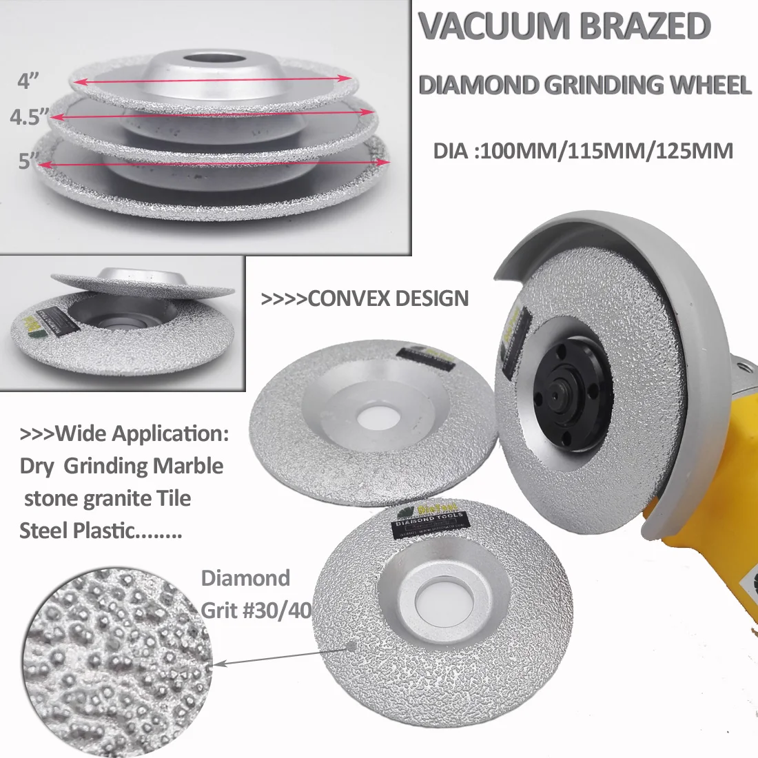 DIATOOL 2pcs Diameter 125mm Vacuum Brazed Diamond Grinding Disc Convex Grinding Cup Wheel all Stone and Construction Material
